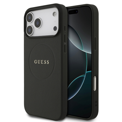 Apple iPhone 17 Pro Max Kılıf Guess Orjinal Lisanslı M-safe Şarj Özellikli Yazı Logolu PU Deri Kapak Siyah