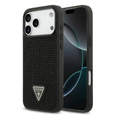 Apple iPhone 17 Pro Max Kılıf Guess Orjinal Lisanslı Taşlı Arka Yüzey Üçgen Logolu Kapak Siyah