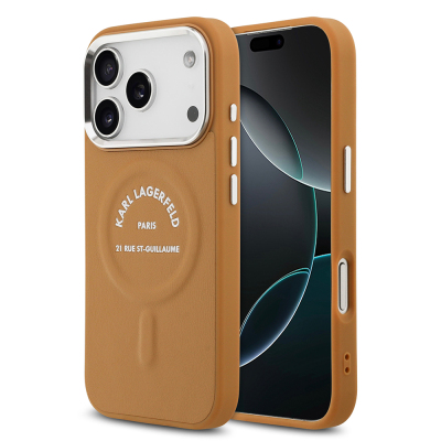 Apple iPhone 17 Pro Max Kılıf Karl Lagerfeld Orjinal Lisanslı M-safe Şarj Özellikli Metal Kamera ve Buton Tasarımlı Paris RSG PU Deri Kapak Kahverengi