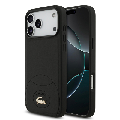 Apple iPhone 17 Pro Max Kılıf Lacoste Orjinal Lisanslı M-safe Şarj Özellikli PU Deri Tasarımlı Metal Logolu Kapak Siyah
