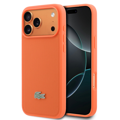 Apple iPhone 17 Pro Max Kılıf Lacoste Orjinal Lisanslı M-safe Şarj Özellikli PU Pike Desenli Metal Logolu Kapak Turuncu