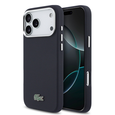 Apple iPhone 17 Pro Max Kılıf Lacoste Orjinal Lisanslı M-Safe Şarj Özellikli PVC Pike Desenli Arka Yüzey İkonik Timsah Dokuma Logolu Kapak Lacivert