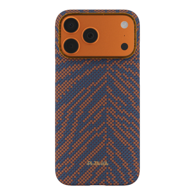 Apple iPhone 17 Pro Max Kılıf M-safe Şarj Özellikli Aramid Fiber Pitaka Breath of Veins Serisi Kapak Turuncu-Lacivert