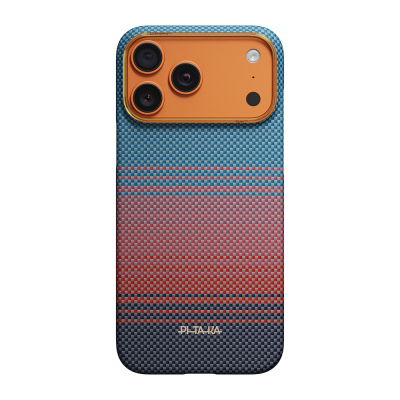 Apple iPhone 17 Pro Max Kılıf M-safe Şarj Özellikli Aramid Fiber Pitaka Sunset 2.0 California Dream Serisi Kapak Mavi-Kırmızı