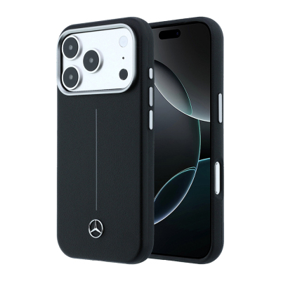 Apple iPhone 17 Pro Max Kılıf Mercedes Benz Orjinal Lisanslı M-safe Şarj Özellikli Metal Yıldız Logolu Çizgili Deri Kapak Siyah