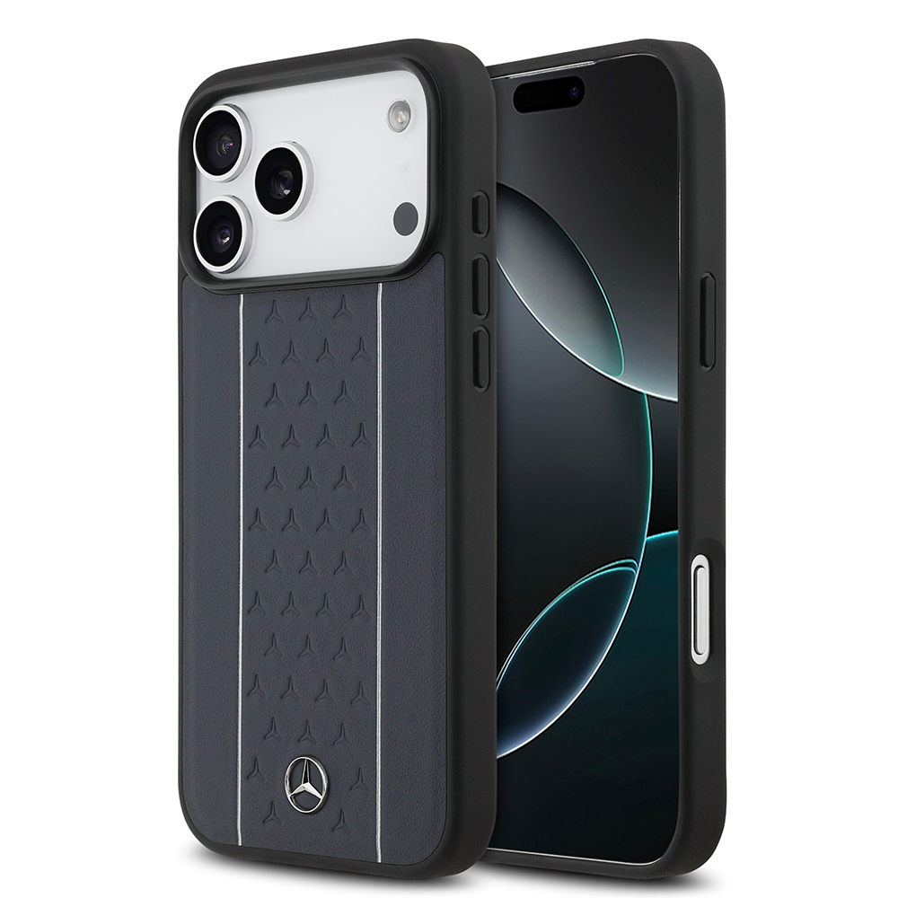 Apple iPhone 17 Pro Max Kılıf Mercedes Benz Orjinal Lisanslı M-safe Şarj Özellikli Şeritli Yıldız Desenli Metal Logolu Deri Kapak - 1