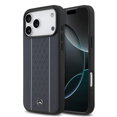Apple iPhone 17 Pro Max Kılıf Mercedes Benz Orjinal Lisanslı M-safe Şarj Özellikli Şeritli Yıldız Desenli Metal Logolu Deri Kapak Lacivert