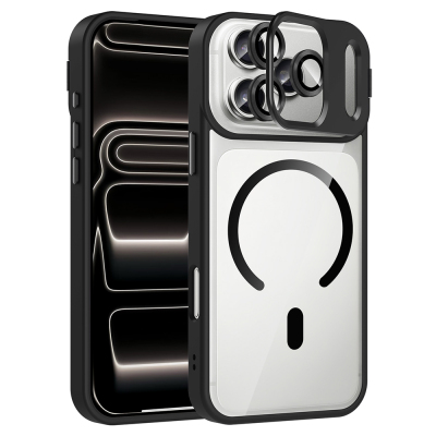 Apple iPhone 17 Pro Max Kılıf Standlı ve Kamera Lens Hediyeli M-Safe Şarj Özellikli Zore Etro Kapak Siyah