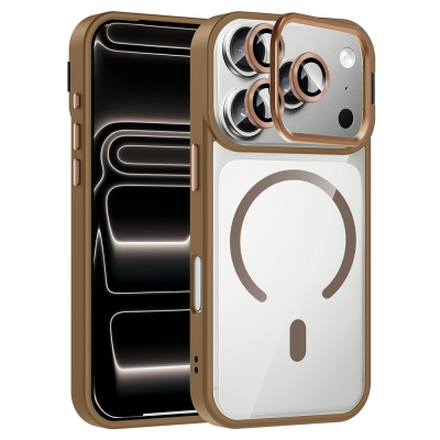 Apple iPhone 17 Pro Max Kılıf Standlı ve Kamera Lens Hediyeli M-Safe Şarj Özellikli Zore Etro Kapak Desert Titanyum