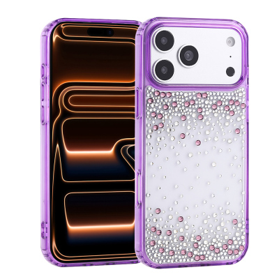Apple iPhone 18 Pro Case Airbag Design Drop Stone Embellished Transparent Zore Pera Silicone Cover Purple