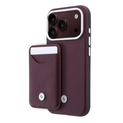 Apple iPhone 18 Pro Case BMW Original Licensed M-safe Charging Feature Metal Logo Embossed Quilted Leather Card Slot Cover Bordo