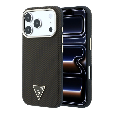 Apple iPhone 18 Pro Case Guess Original Licensed M-safe Charging Enabled PU Metal Triangle Logo Carbon Fiber Kevlar Cover Brown