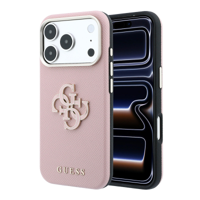 Apple iPhone 18 Pro Case Guess Original Licensed M-safe Charging Enabled PU Text and 4G Large Metal Logo Cover Pink