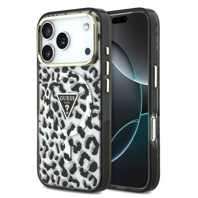 Apple iPhone 18 Pro Case Guess Original Licensed M-safe Charging Enabled Triangle Logo Glitter Leopard Pattern Cover Black
