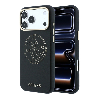 Apple iPhone 18 Pro Case Guess Original Licensed M-safe Charging Feature Enablement PU Perforated Cover 4G and Text Logo Cover Black