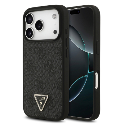 Apple iPhone 18 Pro Case Guess Original Licensed M-safe Charging Feature PU Leather Rhinestone Triangle Logo 4G Patterned Strass Cover Black