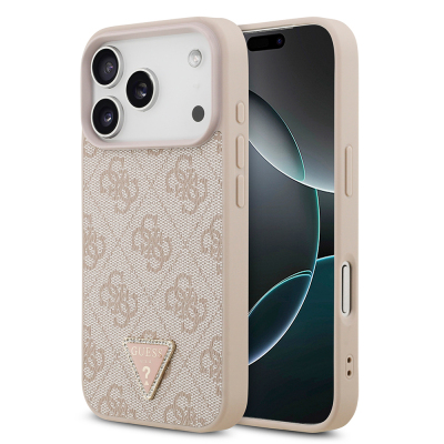 Apple iPhone 18 Pro Case Guess Original Licensed M-safe Charging Feature PU Leather Rhinestone Triangle Logo 4G Patterned Strass Cover Pink