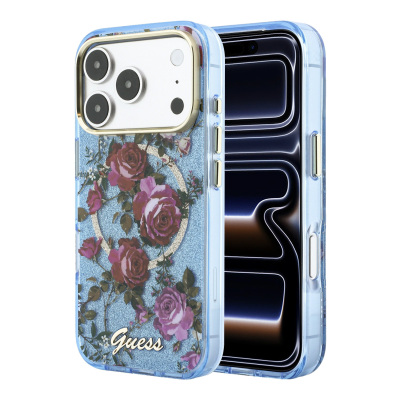 Apple iPhone 18 Pro Case Guess Original Licensed M-safe Charging Feature Rose Pattern Glittery Text and Logo Cover Açık Mavi