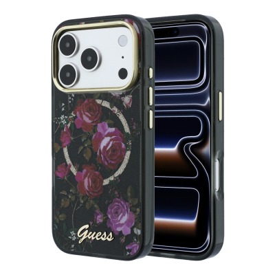 Apple iPhone 18 Pro Case Guess Original Licensed M-safe Charging Feature Rose Pattern Glittery Text and Logo Cover Black