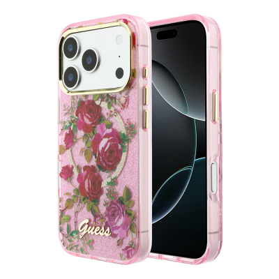 Apple iPhone 18 Pro Case Guess Original Licensed M-safe Charging Feature Rose Pattern Glittery Text and Logo Cover Pink
