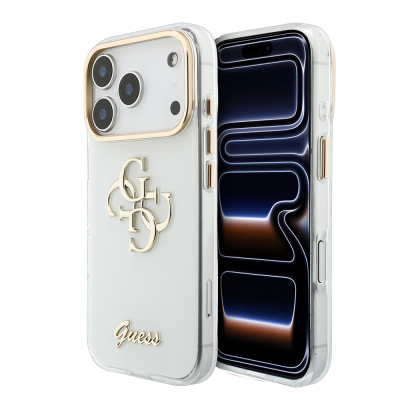 Apple iPhone 18 Pro Case Guess Original Licensed Silicone Cover with Large Metal Logo and Text/4G Design. White