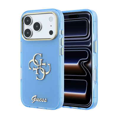 Apple iPhone 18 Pro Case Guess Original Licensed Silicone Cover with Large Metal Logo and Text/4G Design. Blue