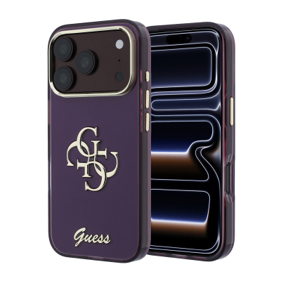 Apple iPhone 18 Pro Case Guess Original Licensed Silicone Cover with Large Metal Logo and Text/4G Design. Bordo