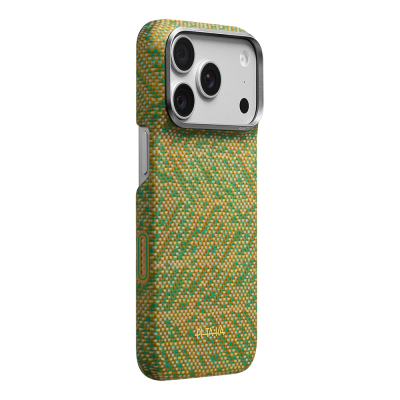 Apple iPhone 18 Pro Case M-safe Charging Enabled Aramid Carbon Fiber Pitaka Wind Over Wheat Series Cover Sarı-Yeşil