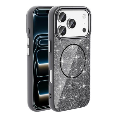 Apple iPhone 18 Pro Case M-safe Charging Enabled Glowing Glitter Zore Oxo Cover Black
