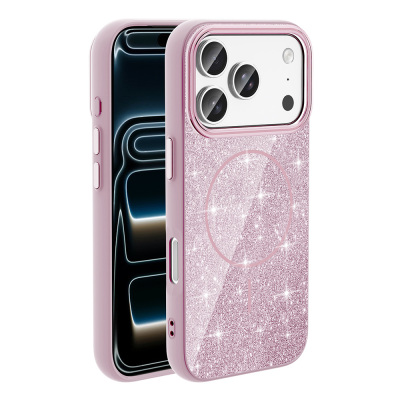 Apple iPhone 18 Pro Case M-safe Charging Enabled Glowing Glitter Zore Oxo Cover Pink