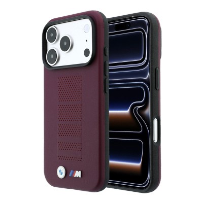 Apple iPhone 18 Pro Kılıf BMW Orjinal Lisanslı M-safe Şarj Özellikli PU Delikli Metal M Logolu Kapak Bordo