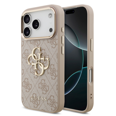 Apple iPhone 18 Pro Kılıf Guess Orjinal Lisanslı Gold Metal Kamera Çerçeveli 4G Desenli Metal Büyük 4G ve Yazı Logolu Kapak Pembe