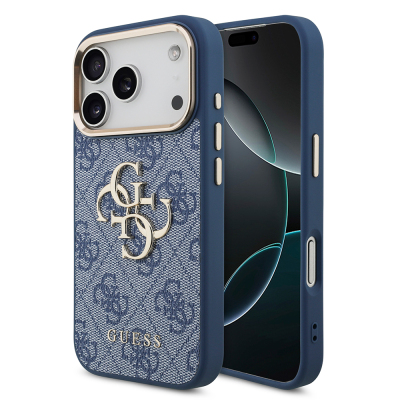 Apple iPhone 18 Pro Kılıf Guess Orjinal Lisanslı Gold Metal Kamera Çerçeveli 4G Desenli Metal Büyük 4G ve Yazı Logolu Kapak Mavi