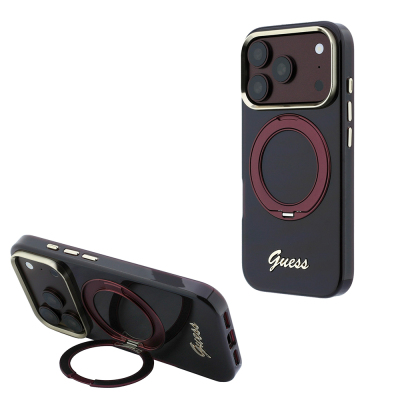 Apple iPhone 18 Pro Kılıf Guess Orjinal Lisanslı M-safe Şarj Özellikli 360 Derece Dönebilen Standlı Metal Yazı Logolu Silikon Kapak Bordo