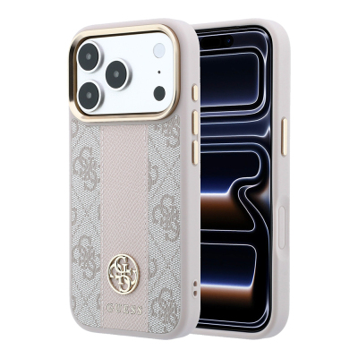Apple iPhone 18 Pro Kılıf Guess Orjinal Lisanslı M-safe Şarj Özellikli Deri 4G Desenli Şeritli Yazı Logolu Kapak Pembe