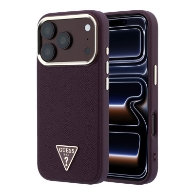 Apple iPhone 18 Pro Kılıf Guess Orjinal Lisanslı M-safe Şarj Özellikli Grained Triangle Kapak Bordo