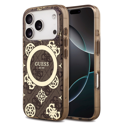 Apple iPhone 18 Pro Kılıf Guess Orjinal Lisanslı M-safe Şarj Özellikli IML Peony ve 4G Desenli Klasik Logolu Kapak Kahverengi
