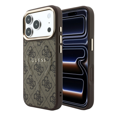 Apple iPhone 18 Pro Kılıf Guess Orjinal Lisanslı M-safe Şarj Özellikli Metal Kamera Çerçeveli C-Magnet 4G Desenli Yazı Logolu Kapak Kahverengi
