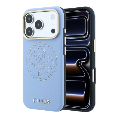 Apple iPhone 18 Pro Kılıf Guess Orjinal Lisanslı M-safe Şarj Özellikli PU Delikli 4G ve Yazı Logolu Kapak Açık Mavi