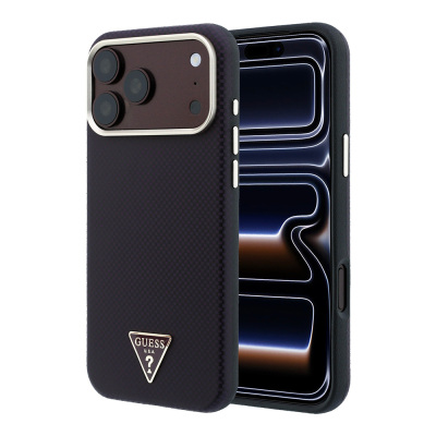 Apple iPhone 18 Pro Kılıf Guess Orjinal Lisanslı M-safe Şarj Özellikli PU Metal Üçgen Logolu Karbon Fiber Kevlar Kapak Bordo
