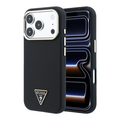 Apple iPhone 18 Pro Kılıf Guess Orjinal Lisanslı M-safe Şarj Özellikli PU Metal Üçgen Logolu Karbon Fiber Kevlar Kapak Siyah