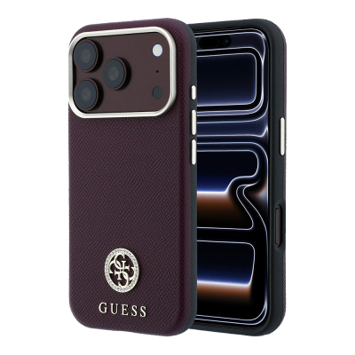 Apple iPhone 18 Pro Kılıf Guess Orjinal Lisanslı M-safe Şarj Özellikli PU Taşlı Metal 4G ve Yazı Logolu Kapak Bordo