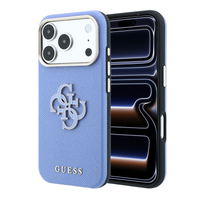 Apple iPhone 18 Pro Kılıf Guess Orjinal Lisanslı M-safe Şarj Özellikli PU Yazı ve 4G Büyük Metal Logolu Kapak Açık Mavi
