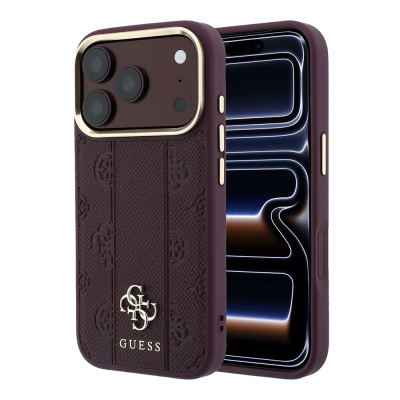 Apple iPhone 18 Pro Kılıf Guess Orjinal Lisanslı M-safe Şarj Özellikli Şeritli Peony 4G ve Yazı Logolu Kapak Bordo