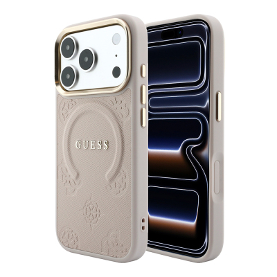 Apple iPhone 18 Pro Kılıf Guess Orjinal Lisanslı M-safe Şarj Özellikli Sıcak Baskılı Yazı Logolu C-Magnet PU Deri Peony Kapak Pembe