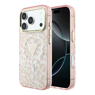 Apple iPhone 18 Pro Kılıf Guess Orjinal Lisanslı M-safe Şarj Özellikli Üçgen Logolu Simli Leopar Desenli Kapak Pembe