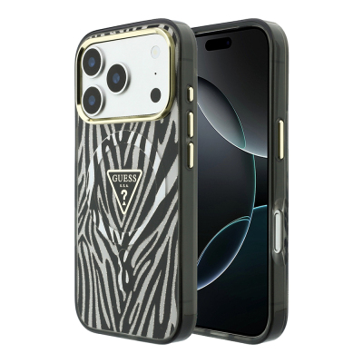 Apple iPhone 18 Pro Kılıf Guess Orjinal Lisanslı M-safe Şarj Özellikli Üçgen Logolu Zebra Desenli Silikon Kapak Gümüş