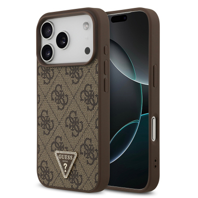 Apple iPhone 18 Pro Kılıf Guess Orjinal Lisanslı M-safe Şarj Özllikli PU Deri Taşlı Üçgen Logo 4G Desenli Strass Kapak Kahverengi