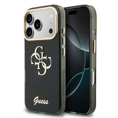 Apple iPhone 18 Pro Kılıf Guess Orjinal Lisanslı Yazı ve 4G Büyük Metal Logolu Silikon Kapak Siyah