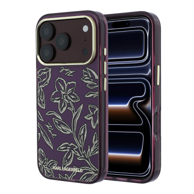 Apple iPhone 18 Pro Kılıf Karl Lagerfeld Orjinal Lisanslı M-safe Şarj Özellikli Gold Metal Kamera Çerçeveli Çiçek Tasarımlı Kapak Bordo